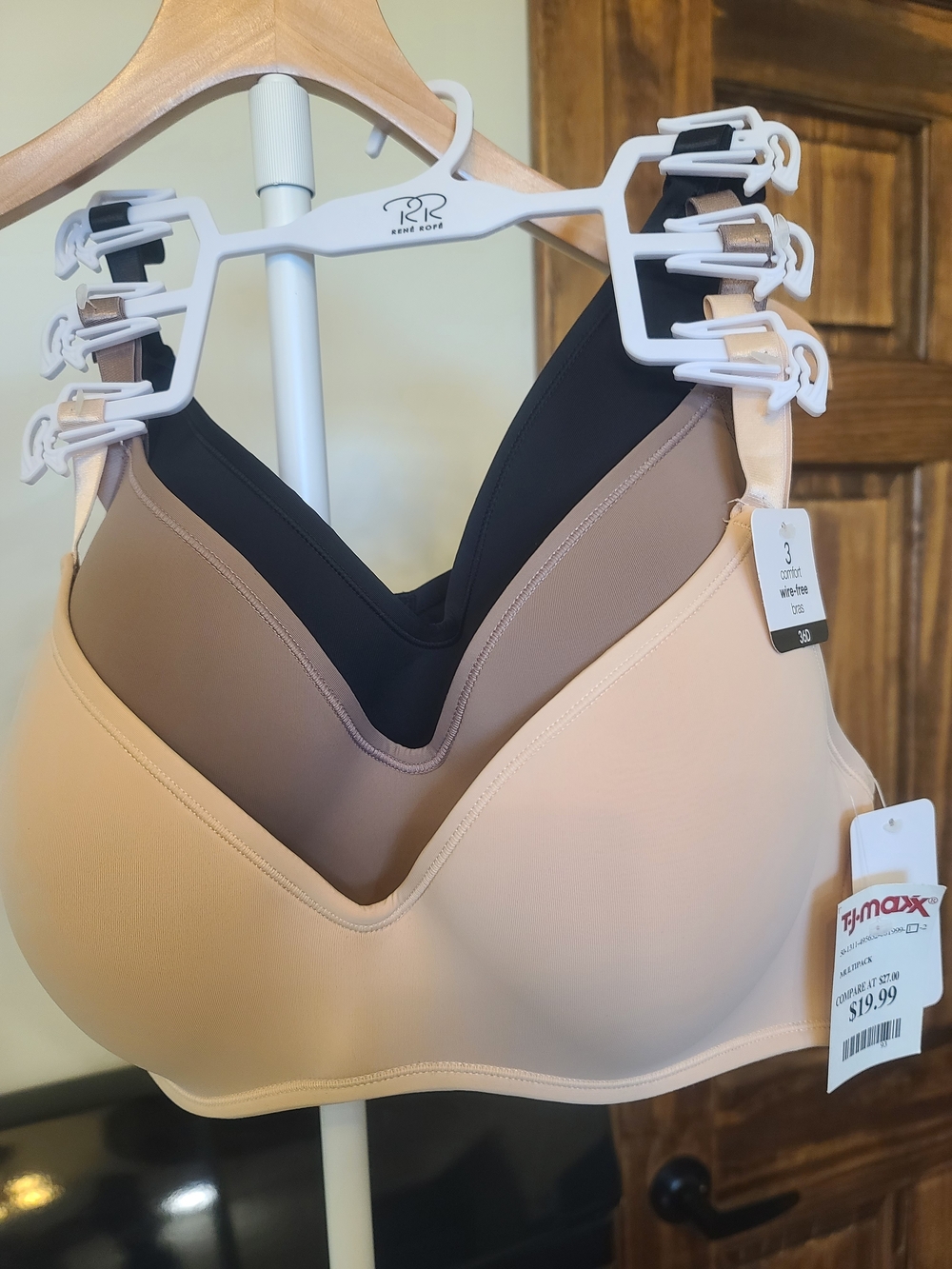 Rene Rofe Women’s 3-Pack Seamless T-Shirt Bras - Black, Taupe, Nude